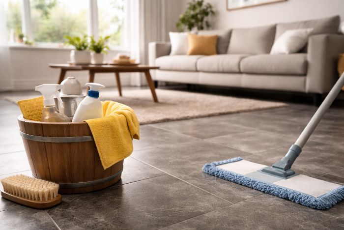 Schoonmaken van steen in huis